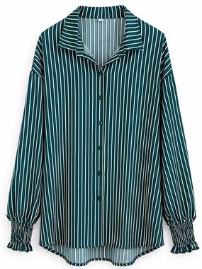 Oversized Button Down Shirt 2XL Green Stripe Lightweight Relaxed Blouse